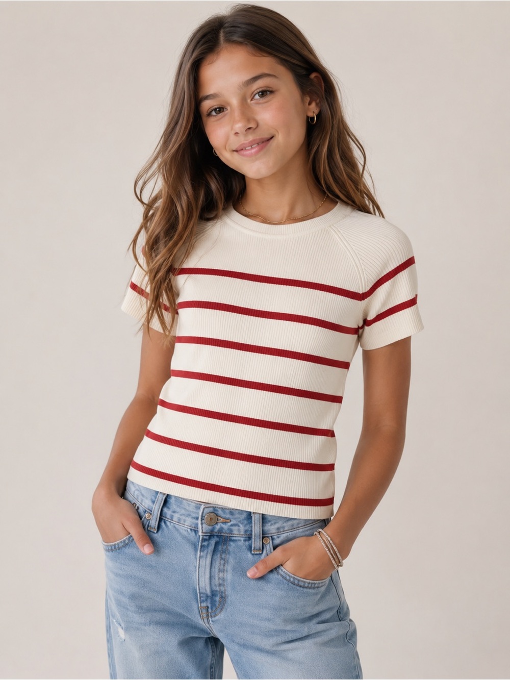 Zara Kids Short Sleeve Ribbed Top - White with Red Stripes- size 13-14